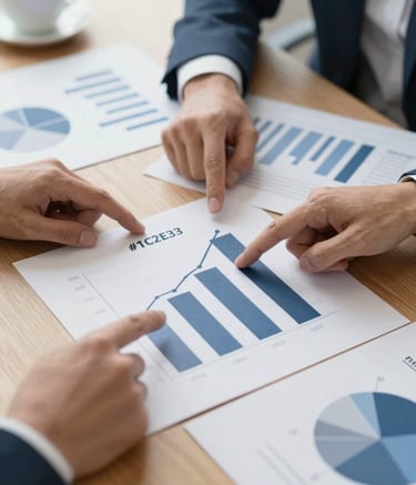 A top-down shot of a business strategy planning session. A wooden table features charts, a coffee cup, and hands pointing to a growth graph. Colors include #1C2E3C and #4A657D. Modern, clean aesthetic emphasizing expertise.