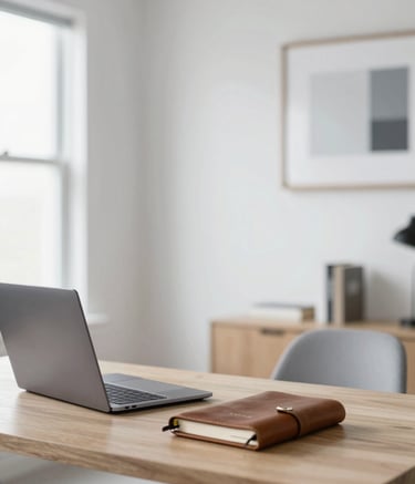 A professional wide-angle shot of a clean home-based office in Crystal Lake, Illinois. The desk features a modern laptop and leather notebook. The lighting is bright and natural, incorporating a palette of #1C2E3C and #E0E6EB in the decor. High-end, professional, and approachable vibe.