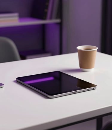 A professional and modern workspace scene in Italy, featuring a clean desk with a tablet and coffee, reflecting a simple and efficient workflow. Accents of deep purple and fuchsia lighting are visible in the background.
