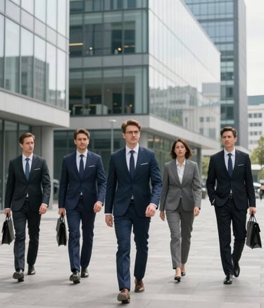 A professional business setting in a Central European / Slovak city, featuring clean lines and modern glass architecture. The atmosphere is reliable and established, with soft daylight and professional businessmen in navy attire.