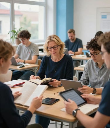A diverse group of adults participating in a collaborative workshop in a bright, modern educational space in a Central European / Slovak city. People are engaged with books and tablets. The lighting is airy and natural, with interior accents in navy and light blue.