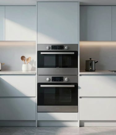 A sleek, professional photograph of high-end modern kitchen appliances in a minimalist Central European / Slovak home setting. The composition is focused on quality and design, using pale blue and off-white lighting tones.