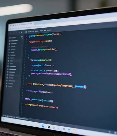 A close-up photograph of clean computer code on a high-resolution screen in a modern North American tech hub, soft bokeh background, slate blue and light blue ambient lighting, professional atmosphere.