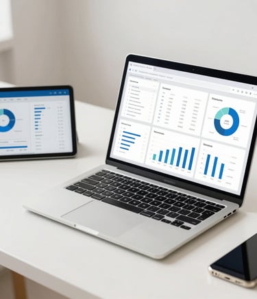A sophisticated North American professional workspace featuring a sleek laptop and tablet showing analytics dashboards on a clean desk, minimalist aesthetic with off-white and navy blue tones, bright natural lighting.