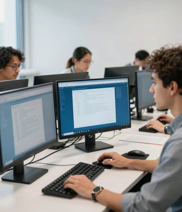A bright North American corporate office setting with natural light, where diverse software engineers collaborate on high-end monitors with slate blue accents, reflecting a professional and innovative mood.