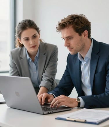 Two transport managers discussing data over a modern laptop in a bright, clean office, professional and efficient atmosphere, Western European / Dutch, slate blue and light gray tones.