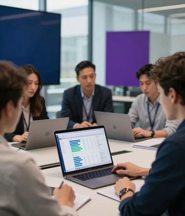 A group of professional software engineers collaborating in a bright, modern glass-walled conference room in a North American / International tech hub. Soft natural light illuminates a high-end laptop displaying a clean analytics dashboard, while elegant dark blue and deep purple design accents are visible in the background.