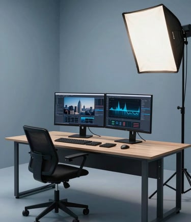 A high-end, minimalist professional studio environment with modern workstations, dual-monitor setups, and elegant soft lighting in shades of medium slate blue. The atmosphere is sophisticated and corporate, reflecting a premium digital agency workspace in an international city.