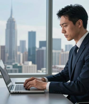 A focused property management professional in a high-rise North American office, working on a laptop with a view of a city skyline. The scene uses deep navy and sky blue tones to convey modern efficiency and trustworthiness.