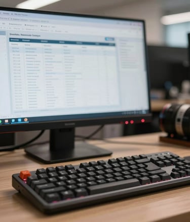 A close-up photograph of a professional workstation in a North American corporate setting, featuring a sleek mechanical keyboard and a high-resolution monitor showing property management software in a soft-focus background.
