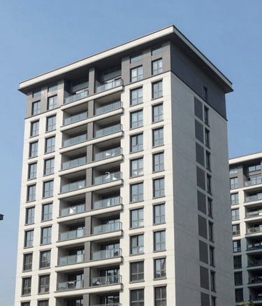 An architectural photograph of a modern North American apartment complex under a clear sky, showcasing high-quality residential housing. The lighting is bright and crisp, highlighting the clean structural lines.
