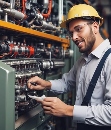 Technician adjusting conveyor belt controls in an industrial setting.