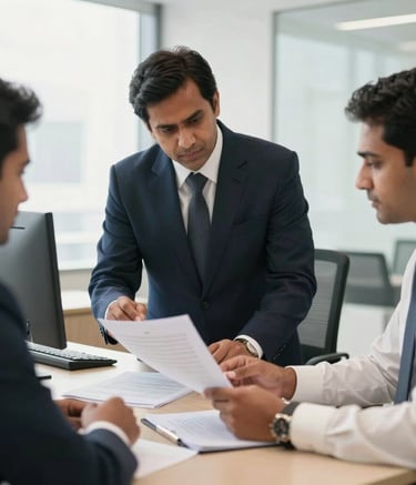 A professional South Asian / Indian business meeting in a bright, modern office space. Executives reviewing documents related to pharmaceutical distribution. Trust, authority. Dominant colors: dark navy, off white.