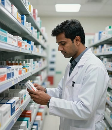 A focused South Asian / Indian pharmacist managing inventory in a well-lit medical supply warehouse. Shelves filled with neatly organized medicine boxes and injections. Clean, modern aesthetic. Dominant colors: blue, slate gray.