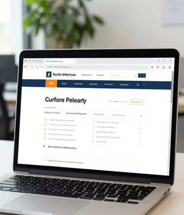 A close-up of a high-end laptop screen displaying a clean, professional web interface in a North American / US corporate office. The background is slightly blurred, showing a sea green plant and office accessories in a soft mint white environment. Professional, sharp lighting.