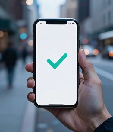 A close-up of a smartphone held by a professional in a North American urban environment. The screen displays a secure payment confirmation with a simple teal checkmark. The background is a softly blurred city street with cool blue light. The style is modern and high-tech.