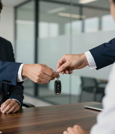 A professional North American office setting with modern glass partitions. A clean, dark wood desk where a set of car keys is being handed over from one person to another. The scene is illuminated by soft, natural morning light, conveying a sense of security and successful closure. The colors include dark blue and off-white tones.