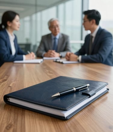 A close-up photograph of a professional meeting in a modern glass-walled office. A dark navy leather folder and a high-end pen sit on a polished wood table. In the background, two consultants in slate blue suits are blurred, conveying a sense of focused expertise and confidentiality. The lighting is bright and natural.