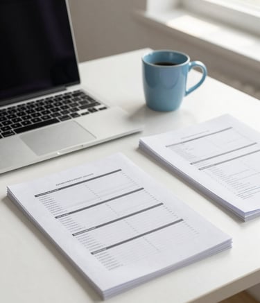 Photography of a clean, minimalist workspace featuring a slim laptop and several neatly organized financial documents on a soft white desk. A ceramic mug in sky blue sits nearby. The atmosphere is calm, efficient, and professional, with soft morning sunlight filtering through a window.