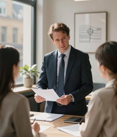 A professional financial advisor in a sharp suit discussing documents with a couple in a contemporary, sun-drenched London office. The setting is clean, sophisticated, and displays Northern European architectural influences.