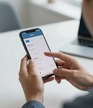 Close-up photography of a person's hands using a modern smartphone to check a banking app, sitting in a bright, clean Northern European office. Natural light, professional atmosphere, subtle shades of slate blue and off-white.