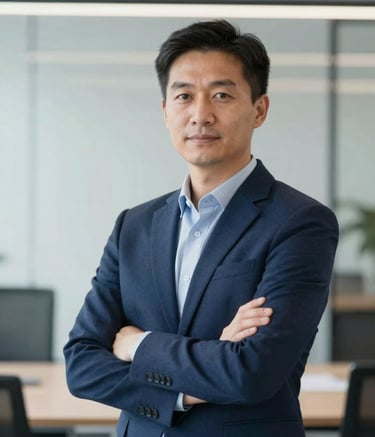 A professional portrait of a financial consultant in a modern, minimalist office environment. The person is dressed in professional attire, looking confident and helpful. The color palette emphasizes #0E2C4A and #F5F8FA for a sophisticated look.