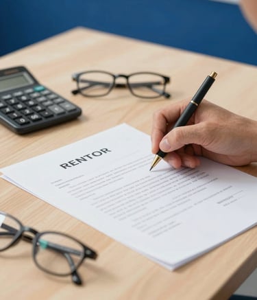 A high-quality, professional photograph of a financial contract being signed on a clean wooden desk, with a calculator and a pair of glasses nearby. The lighting is bright and airy, incorporating the brand colors #2A6F8B in the background details to project trust and reliability.