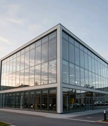 A wide-angle photography shot of a minimalist, modern office exterior in Albertslund, Denmark, featuring glass and clean lines under a soft, overcast Northern European sky, reflecting a professional and elite atmosphere.