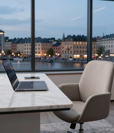 A premium home office setup with a high-end laptop on a white marble desk, a designer chair, and a large window overlooking a clean, Northern European city skyline during the blue hour.