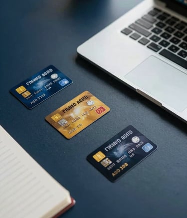 A top-down view of a modern desk in a South Asian / Indian corporate office. On the desk are various premium Indian credit cards, a sleek silver laptop, and a notepad, all bathed in soft, natural morning light with dark navy blue accents.