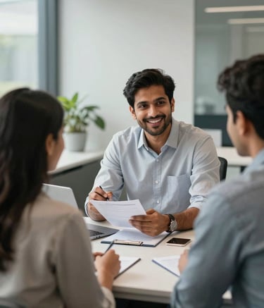 A professional South Asian / Indian financial advisor smiling while discussing a home loan plan with a young couple in a modern, sunlit office in Mumbai. The setting is clean and professional with silver grey and muted slate blue accents in the decor.