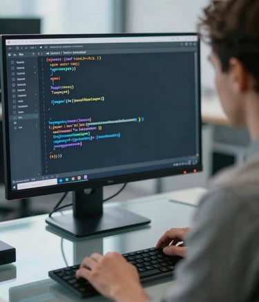 A close-up photograph of a professional developer in a Global / Tech Industry office, focused on a high-resolution screen displaying lines of clean code. The lighting is modern with soft Muted Blue and Ice White tones reflecting off a glass desk.