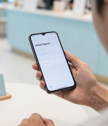 An over-the-shoulder shot of a person using a sleek Android device in a bright, modern Global / Tech Industry cafe. The interface on the screen is clean and minimalist, surrounded by Ice White and Light Blue interior accents.