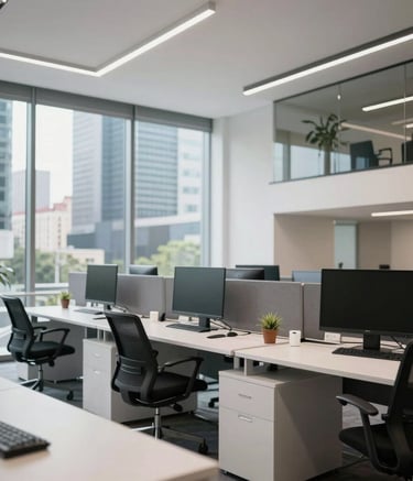 Professional photography of a modern technology office in a Latin American / Spanish business district. Bright, airy, and professional setting with clean lines and a focused, corporate atmosphere.