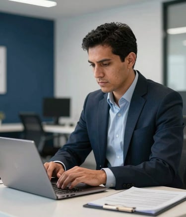A professional Latin American / Spanish IT specialist in a corporate setting, working on a laptop at a clean desk. The room is modern with navy and grey interior accents. Soft, natural morning light creates a clean, corporate atmosphere.
