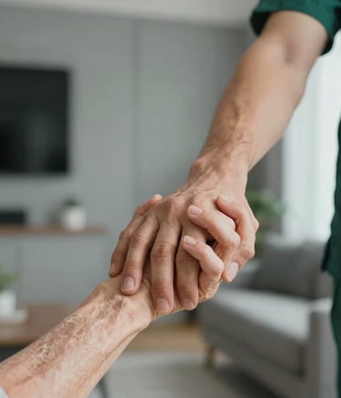 A close-up of two people holding hands in a modern North American home—one youthful hand and one aged hand. The focus is on the supportive, compassionate gesture. Soft focus background with neutral grey and dark green accents, highlighting trust and professional care.
