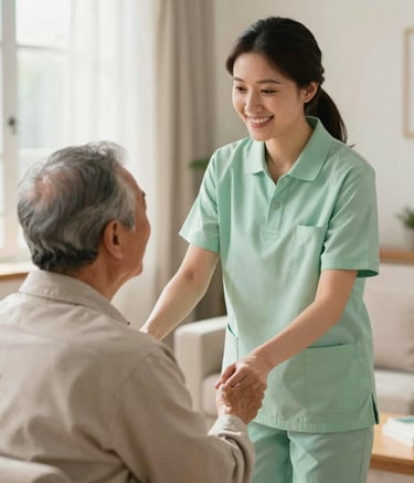 A professional female caregiver in her thirties, wearing a soft green polo shirt, smiling warmly while helping an elderly man in a sunlit North American living room. The style is bright and trustworthy, with light green and beige tones.