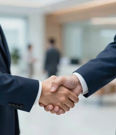 A close-up shot of two business professionals shaking hands in a bright, modern office lobby. The lighting is soft and natural. The color palette includes #3D6C7E and #F3F6F8. The atmosphere is professional and suggests a successful partnership in the hearing healthcare industry.