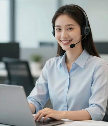 A friendly, professional support specialist wearing a subtle headset, sitting at a clean desk with a laptop. She is smiling warmly at the camera. The background is a soft-focus office with tones of #A7C9D6 and #F3F6F8. The image conveys clarity and support.