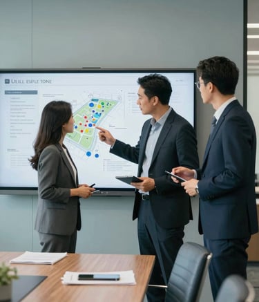 Two professionals in business attire in a modern North American / US office boardroom. They are reviewing real estate development plans on a screen, demonstrating strategic collaboration. The room is filled with natural light, featuring furniture in slate blue and walls in soft mist. The mood is authoritative and professional.