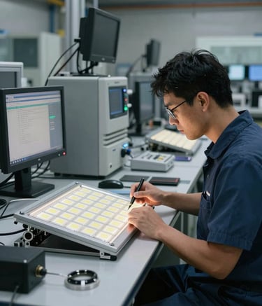 Photography of a modern industrial facility in Brazil, focusing on a clean and organized workstation dedicated to LED panel maintenance, high-tech diagnostic equipment visible, professional atmosphere with dark grey and medium blue tones.