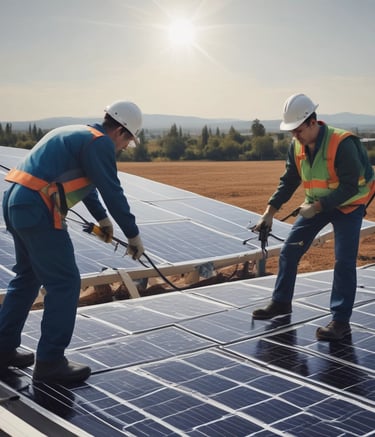 Technicians monitoring solar energy systems on a sunny day.