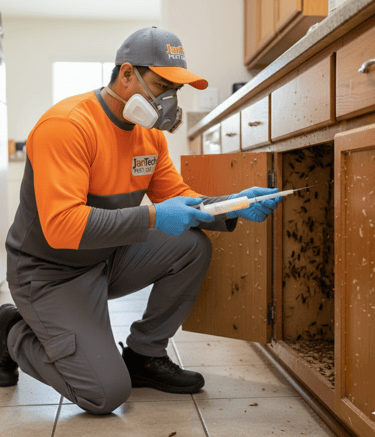 Professional pest control technician applying cockroach gel bait inside a kitchen cabinet to eliminate infestation.