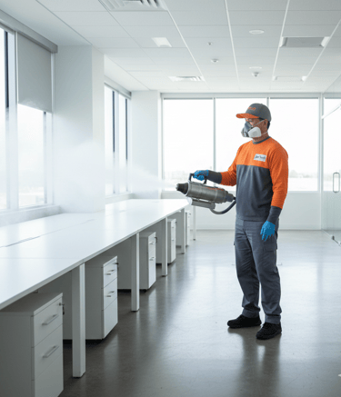 Professional commercial cleaning technician using a fogger machine for office disinfection services.