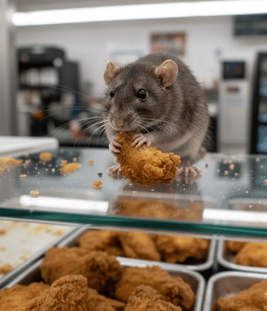 A brown rat holding a piece of crispy fried chicken on a glass counter in a deli or restaurant kitchen.