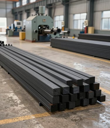 A wide-angle industrial photograph of a clean, modern iron factory floor. Stacks of high-quality raw iron bars in Charcoal Black sit beside heavy precision machinery. The lighting is bright and natural, reflecting off the polished concrete floor in Soft Cream and Muted Taupe shades.