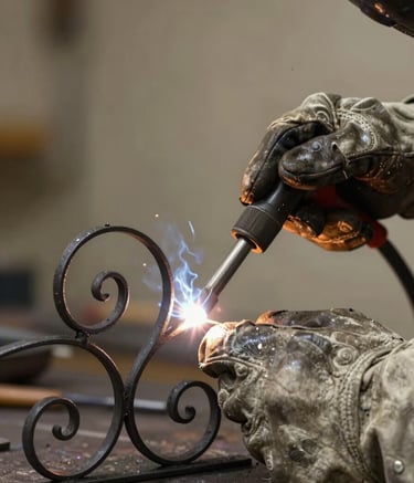 A close-up photograph of an artisan's hands in heavy leather gloves meticulously welding a decorative iron scroll. The scene is illuminated by the warm, bright glow of the welding torch, reflecting off the Charcoal Black iron surfaces. The background is a soft-focus workshop in Muted Taupe tones.