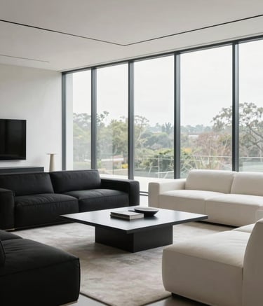 A wide shot of a modern, minimalist living room with floor-to-ceiling windows. The decor features elegant black and off-white furniture with clean lines. Bright, soft natural light, professional photography, North American / International context.
