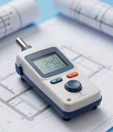 A close-up shot of a high-precision digital measuring device resting on a set of architectural blueprints. The setting is professional and clean, with soft lighting and subtle Turkish Blue (#4C7C9D) accents in the background. The atmosphere is innovative and suggests scientific precision.
