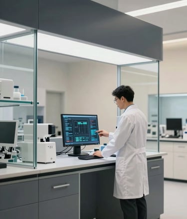 An ultra-modern laboratory interior with sleek glass partitions and a deep gray (#2A363B) and parchment (#FBF8F0) color scheme. A professional in a white lab coat is examining a digital interface displaying complex data, emphasizing technological solutions.